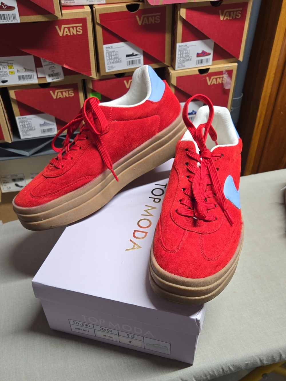 TOP Moda Red Suede Platform Sneakers with Light Blue Accent